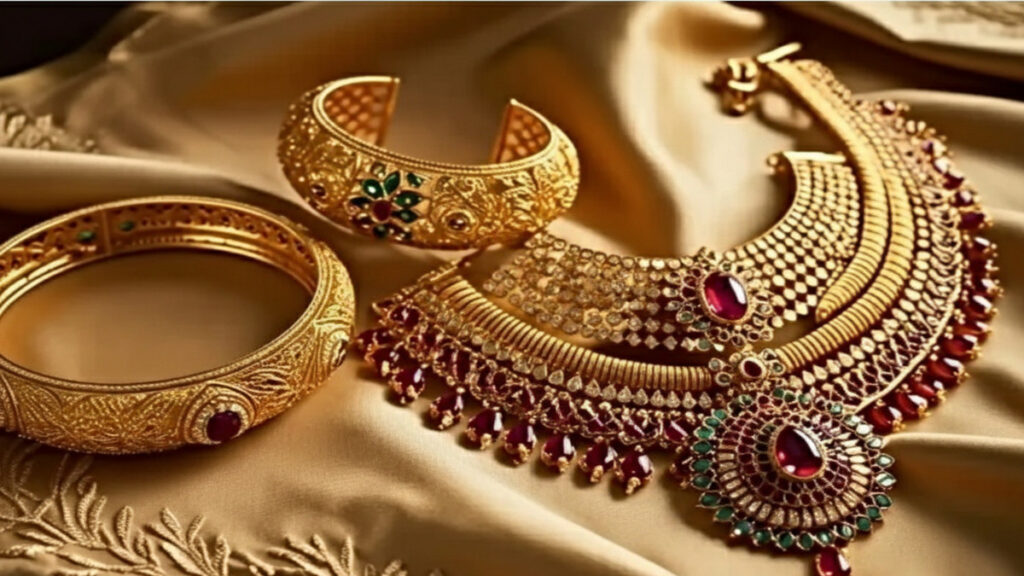 Gold jewelry displayed in a showroom representing daily gold price update in Kerala