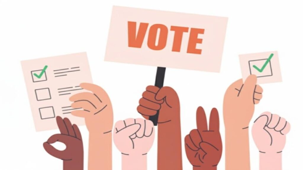 District panchayat election nomination papers being verified by officials, documents arranged on a table, and candidates awaiting confirmation