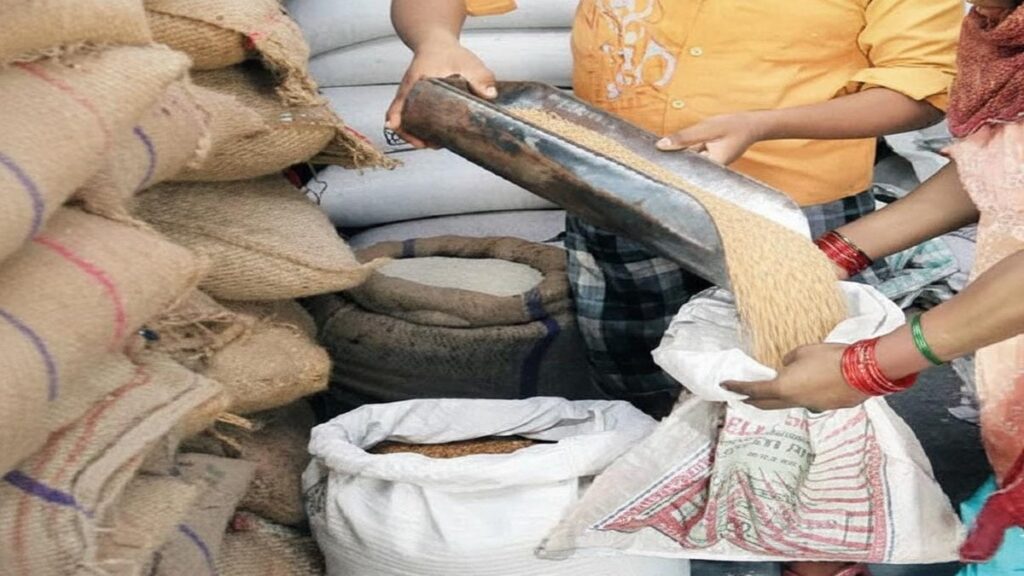 Ration rice bags stacked at a Kerala distribution center during December allocation.