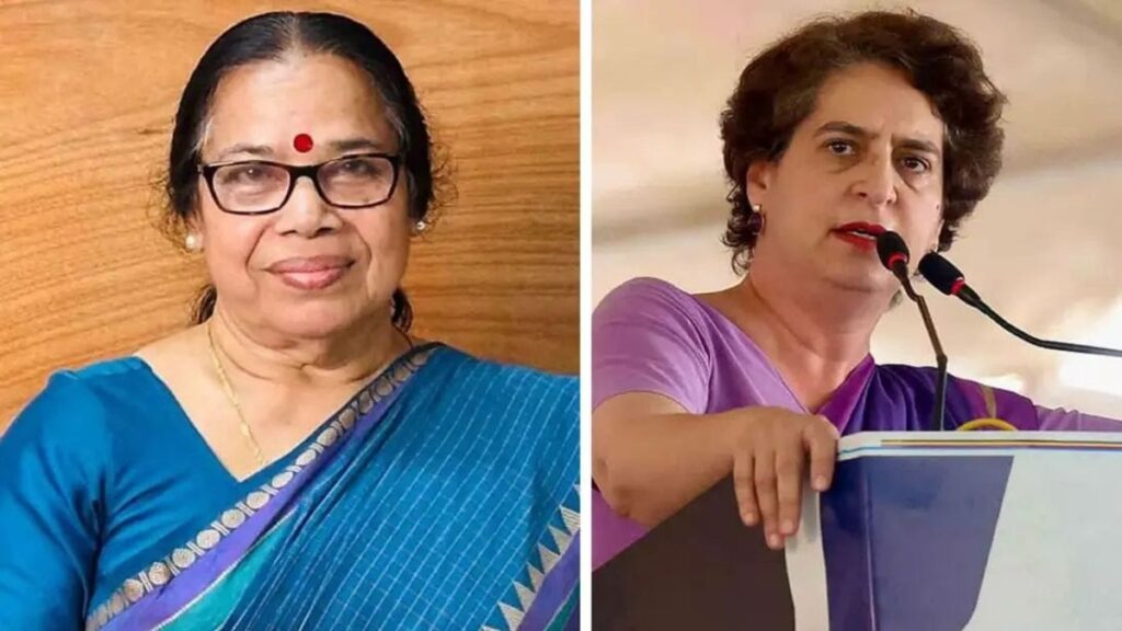 Image representing the controversy as Sreemathi Teacher questions Priyanka Gandhi's silence on the Rahul Mankootath case.